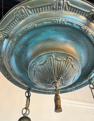 Antique 1920 Four Light Embossed Flush Mount with Sheraton Details and Contemporary American Ribbed Shades