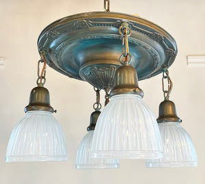 Antique 1920 Four Light Embossed Flush Mount with Sheraton Details and Contemporary American Ribbed Shades