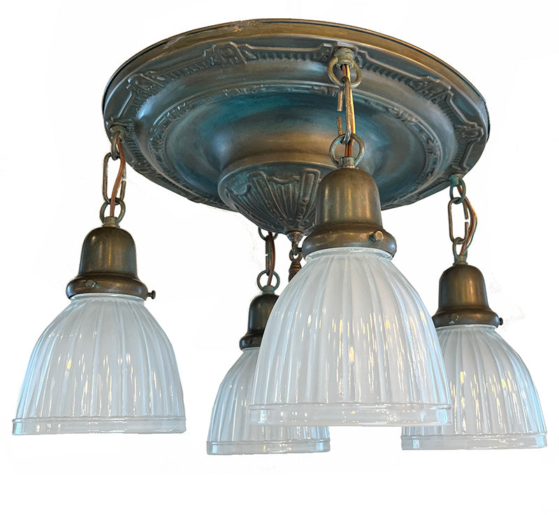Antique 1920 Four Light Embossed Flush Mount with Sheraton Details and Contemporary American Ribbed Shades