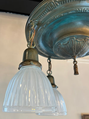 Antique 1920 Four Light Embossed Flush Mount with Sheraton Details and Contemporary American Ribbed Shades