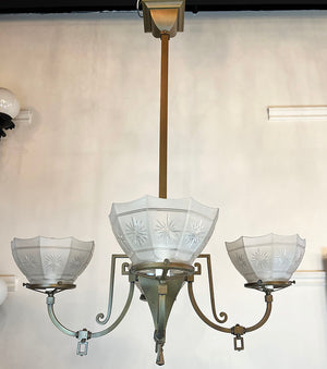 Antique Circa 1900 Edwardian Four Light Gas Converted Fixture With Star Cut Sided Shades