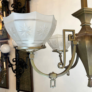 Antique Circa 1900 Edwardian Four Light Gas Converted Fixture With Star Cut Sided Shades