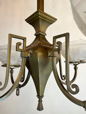 Antique Circa 1900 Edwardian Four Light Gas Converted Fixture With Star Cut Sided Shades