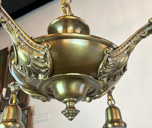 Antique Circa 1920 Four Light Cast Acanthus Arm Pan Light with Vintage Fluted Garland and Berry Shades