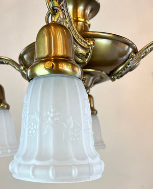 Antique Circa 1920 Four Light Cast Acanthus Arm Pan Light with Vintage Fluted Garland and Berry Shades