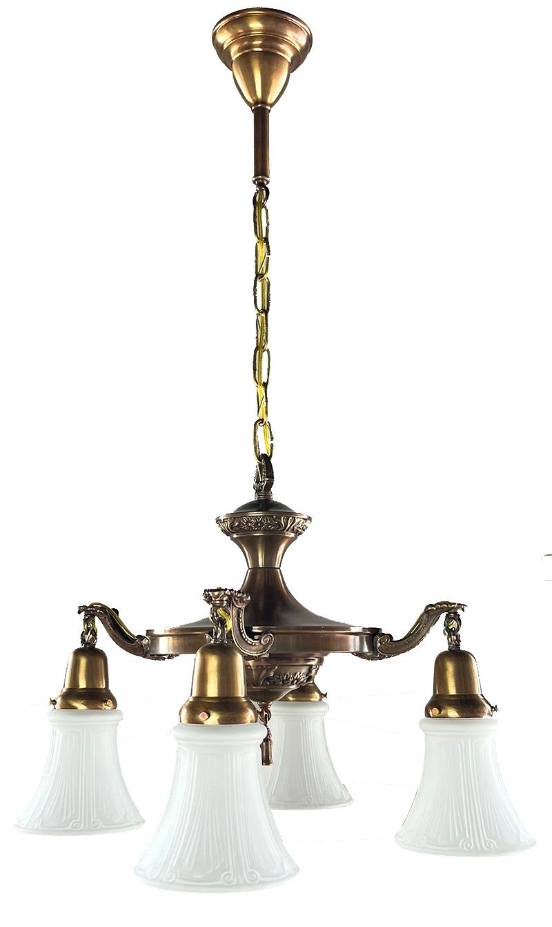 Antique Circa 1915 Edwardian Four Light Pan with Cast Acanthus Arms and Embossed Center Body
