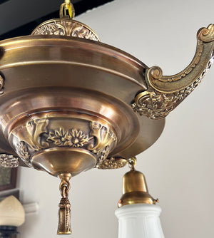 Antique Circa 1915 Edwardian Four Light Pan with Cast Acanthus Arms and Embossed Center Body