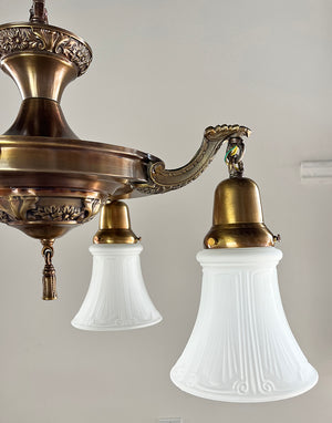 Antique Circa 1915 Edwardian Four Light Pan with Cast Acanthus Arms and Embossed Center Body