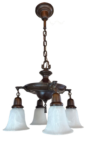 Antique Circa 1920 Four Light Cast Arm Pan Light with Stepped Center Body and Contemporary Glass Alabaster Style Shades  no