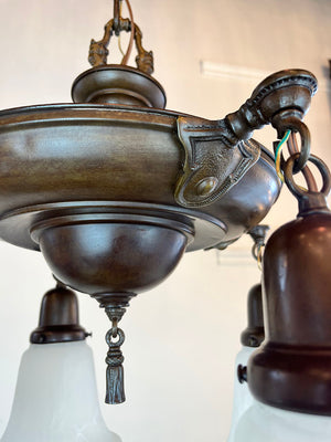 Antique Circa 1920 Four Light Cast Arm Pan Light with Stepped Center Body and Contemporary Glass Alabaster Style Shades  no