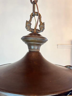 Antique Circa 1920 Four Light Cast Arm Pan Light with Stepped Center Body and Contemporary Glass Alabaster Style Shades  no