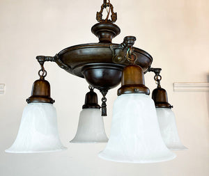 Antique Circa 1920 Four Light Cast Arm Pan Light with Stepped Center Body and Contemporary Glass Alabaster Style Shades  no