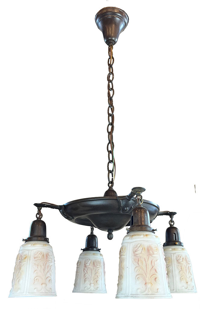 Antique Circa 1915 Four Light Transitional Arts and Crafts / Edwardian Pan with Original Painted and Patterned Opal Shades