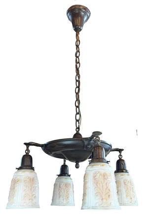 Antique Circa 1915 Four Light Transitional Arts and Crafts / Edwardian Pan with Original Painted and Patterned Opal Shades
