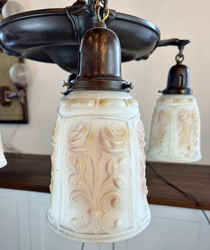 Antique Circa 1915 Four Light Transitional Arts and Crafts / Edwardian Pan with Original Painted and Patterned Opal Shades