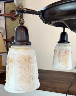 Antique Circa 1915 Four Light Transitional Arts and Crafts / Edwardian Pan with Original Painted and Patterned Opal Shades