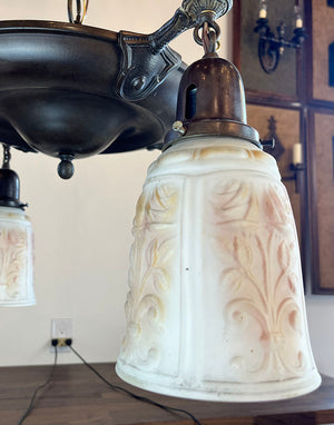 Antique Circa 1915 Four Light Transitional Arts and Crafts / Edwardian Pan with Original Painted and Patterned Opal Shades