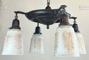 Antique Circa 1915 Four Light Transitional Arts and Crafts / Edwardian Pan with Original Painted and Patterned Opal Shades