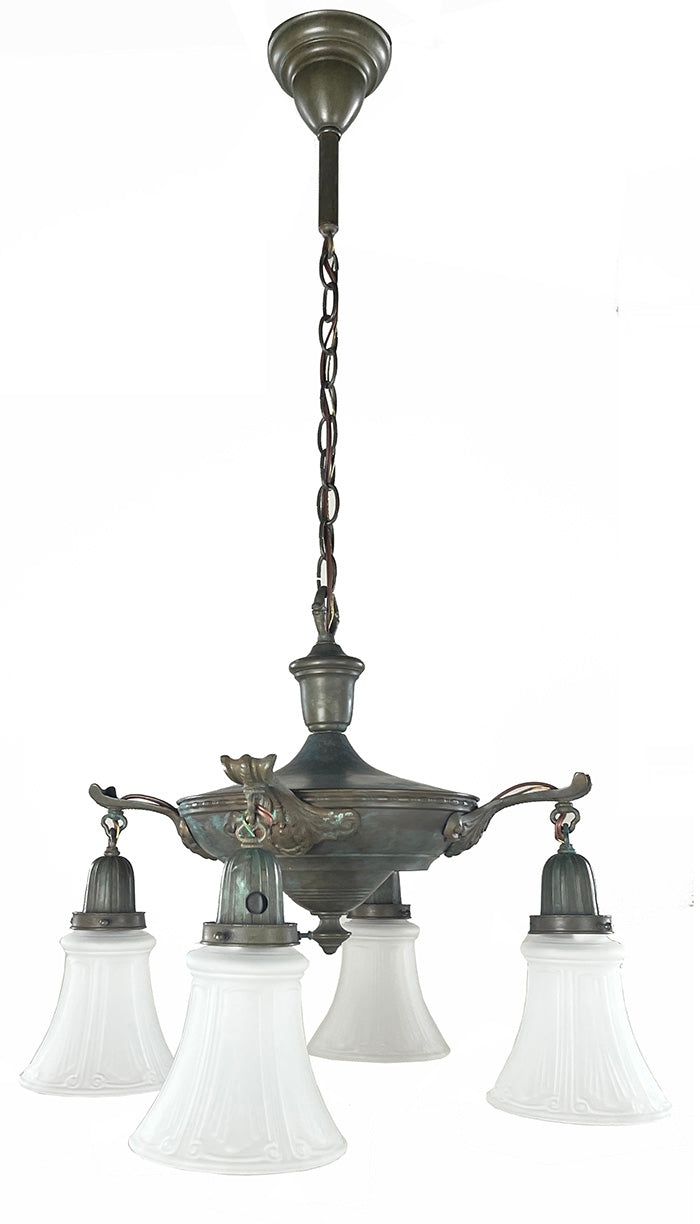 Antique Circa 1920 Four Light NeoClassical Pan Light with Embossed Center Body and Scroll and Acanthus Arms