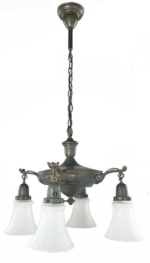Antique Circa 1920 Four Light NeoClassical Pan Light with Embossed Center Body and Scroll and Acanthus Arms
