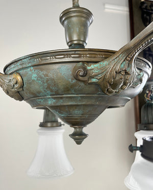 Antique Circa 1920 Four Light NeoClassical Pan Light with Embossed Center Body and Scroll and Acanthus Arms