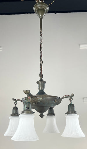 Antique Circa 1920 Four Light NeoClassical Pan Light with Embossed Center Body and Scroll and Acanthus Arms