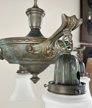 Antique Circa 1920 Four Light NeoClassical Pan Light with Embossed Center Body and Scroll and Acanthus Arms