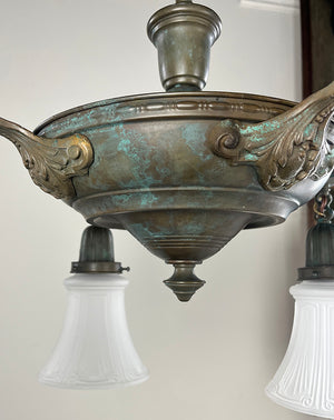 Antique Circa 1920 Four Light NeoClassical Pan Light with Embossed Center Body and Scroll and Acanthus Arms