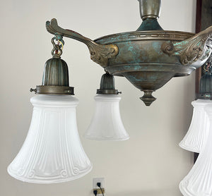 Antique Circa 1920 Four Light NeoClassical Pan Light with Embossed Center Body and Scroll and Acanthus Arms