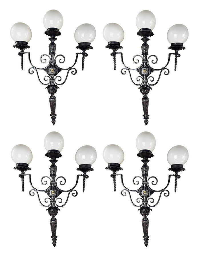 SET OF 4 LARGE SCALE (34" x 24") Antique Circa 1930 Spanish Revival Three Light Exterior Wall Sconces