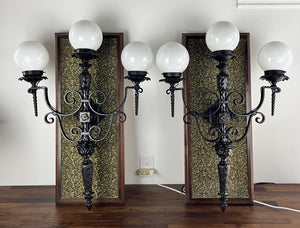 SET OF 4 LARGE SCALE (34" x 24") Antique Circa 1930 Spanish Revival Three Light Exterior Wall Sconces