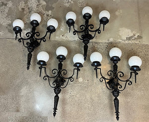 SET OF 4 LARGE SCALE (34" x 24") Antique Circa 1930 Spanish Revival Three Light Exterior Wall Sconces