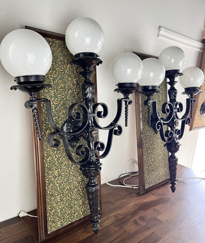 SET OF 4 LARGE SCALE (34" x 24") Antique Circa 1930 Spanish Revival Three Light Exterior Wall Sconces