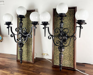 SET OF 4 LARGE SCALE (34" x 24") Antique Circa 1930 Spanish Revival Three Light Exterior Wall Sconces