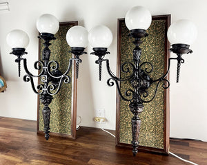 SET OF 4 LARGE SCALE (34" x 24") Antique Circa 1930 Spanish Revival Three Light Exterior Wall Sconces