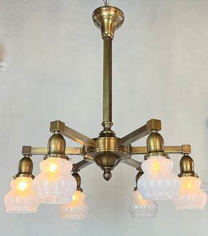 Antique Circa 1910 Six Light Transitional Edwardian Fixture with Scalloped Frosted Shades