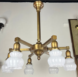 Antique Circa 1910 Six Light Transitional Edwardian Fixture with Scalloped Frosted Shades