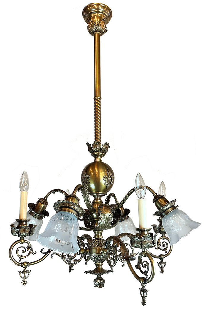 Stunning, Rare Antique Circa 1890s Combination Gas Electric Chandelier with Decorative Acanthus Leaves, Fluer de Lis and Original Matching Stencil Etched Shades