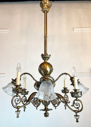 Stunning, Rare Antique Circa 1890s Combination Gas Electric Chandelier with Decorative Acanthus Leaves, Fluer de Lis and Original Matching Stencil Etched Shades