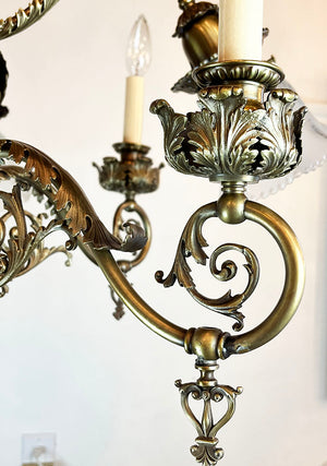 Stunning, Rare Antique Circa 1890s Combination Gas Electric Chandelier with Decorative Acanthus Leaves, Fluer de Lis and Original Matching Stencil Etched Shades