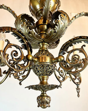 Stunning, Rare Antique Circa 1890s Combination Gas Electric Chandelier with Decorative Acanthus Leaves, Fluer de Lis and Original Matching Stencil Etched Shades