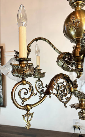 Stunning, Rare Antique Circa 1890s Combination Gas Electric Chandelier with Decorative Acanthus Leaves, Fluer de Lis and Original Matching Stencil Etched Shades