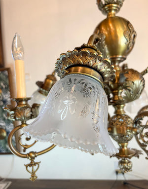 Stunning, Rare Antique Circa 1890s Combination Gas Electric Chandelier with Decorative Acanthus Leaves, Fluer de Lis and Original Matching Stencil Etched Shades