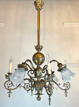 Stunning, Rare Antique Circa 1890s Combination Gas Electric Chandelier with Decorative Acanthus Leaves, Fluer de Lis and Original Matching Stencil Etched Shades