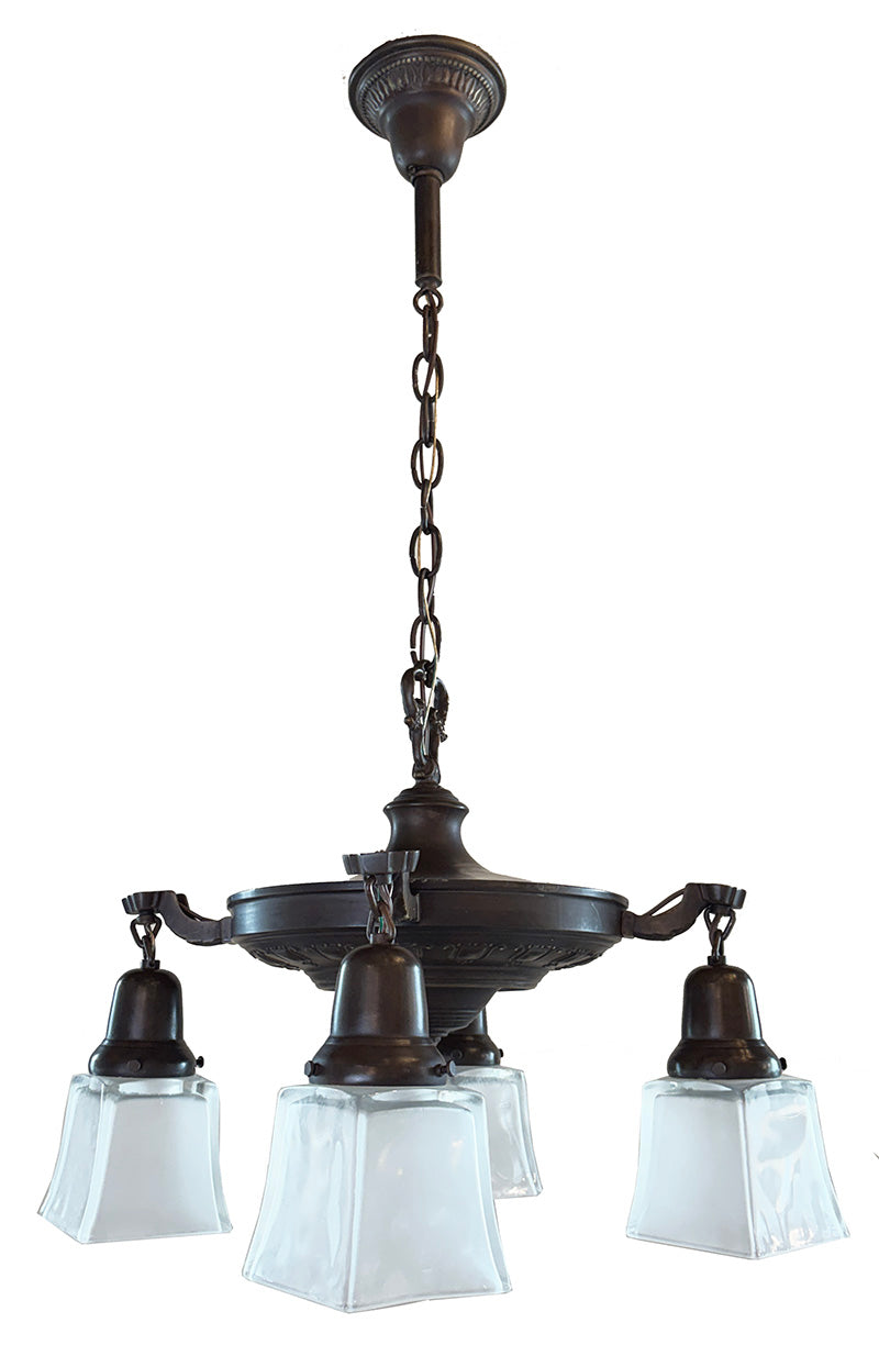 Antique Circa 1920 Four Light Arts and Crafts Inspired Pan with Crests and Frosted Square Shades