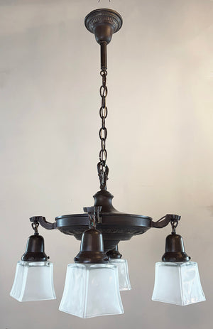 Antique Circa 1920 Four Light Arts and Crafts Inspired Pan with Crests and Frosted Square Shades