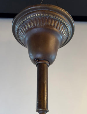 Antique Circa 1920 Four Light Arts and Crafts Inspired Pan with Crests and Frosted Square Shades