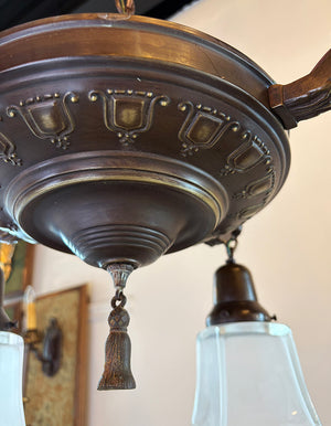 Antique Circa 1920 Four Light Arts and Crafts Inspired Pan with Crests and Frosted Square Shades
