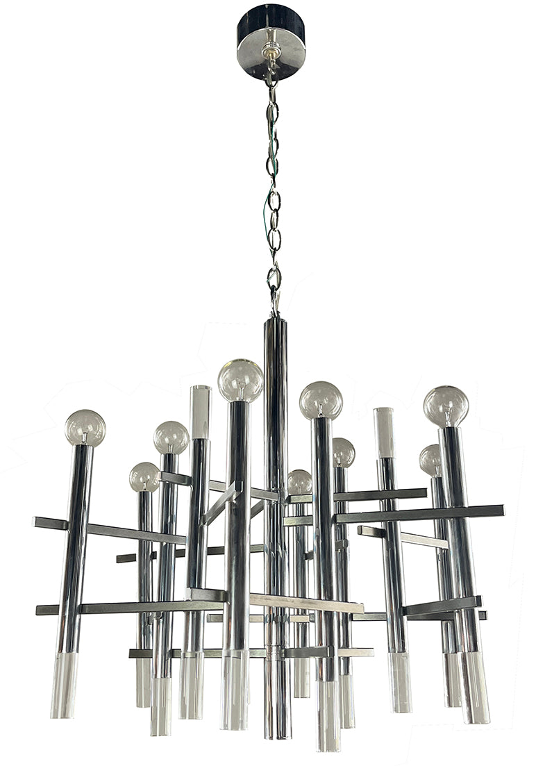 Vintage 1970s Signed Gaetano Sciolari Nine Light Chrome and Lucite Mid Century Chandelier