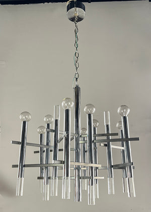 Vintage 1970s Signed Gaetano Sciolari Nine Light Chrome and Lucite Mid Century Chandelier